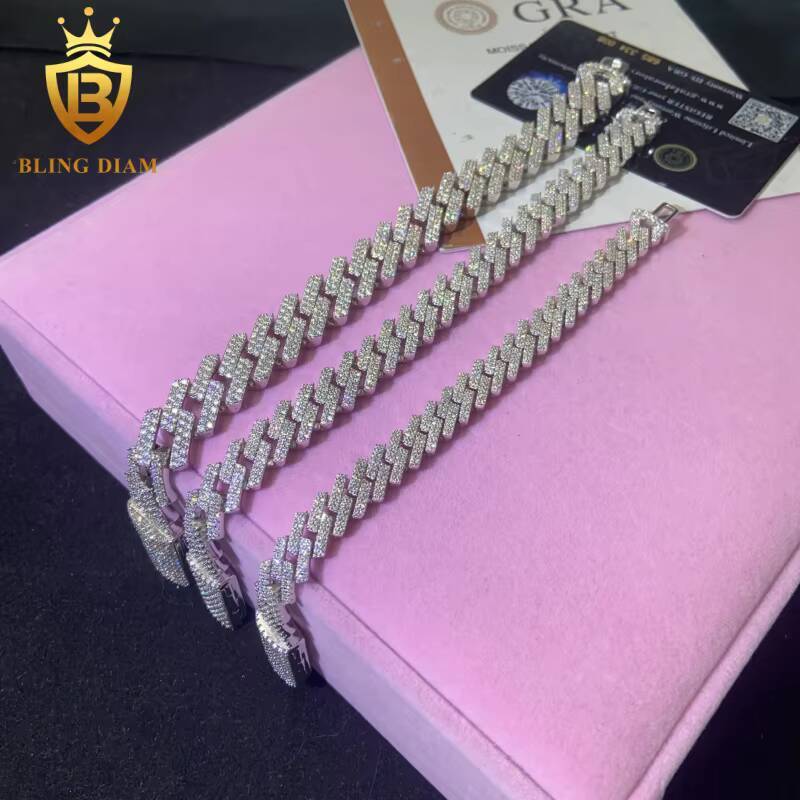 Fashion Cuban Moissanite 1015mm Link Chain VVS1 Iced Out Moissanite Diamond NecklaceBracelet 925 Silver Past Diamond Test