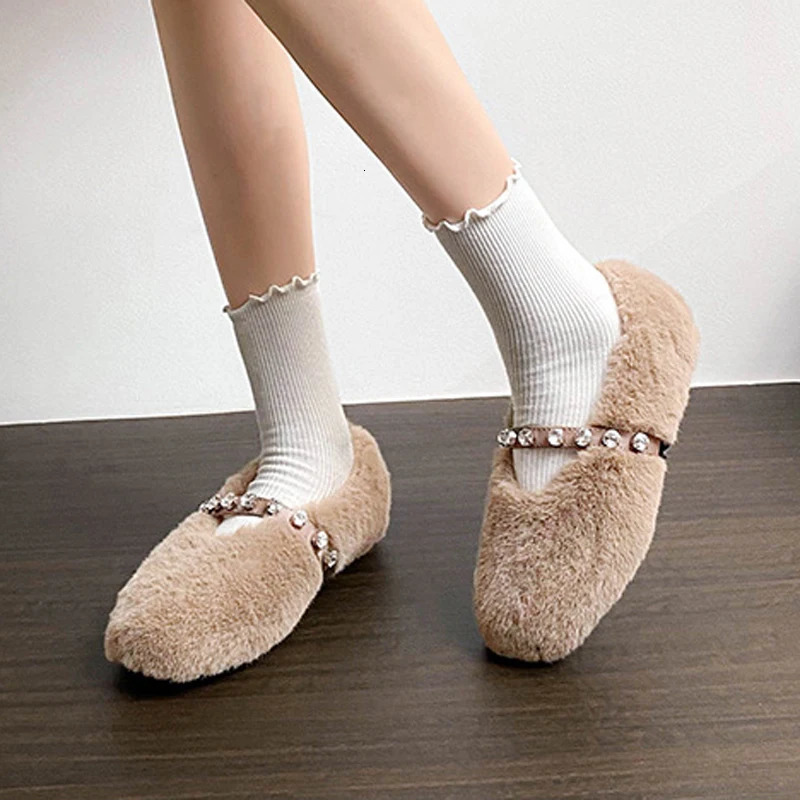 Soft Mink Fur Flats Women Diamonds Belt Mary Janes Winter Fluffy Shoes Ladies Warm Cotton Loafers Slip On Furry Mocasines Mujer 251013