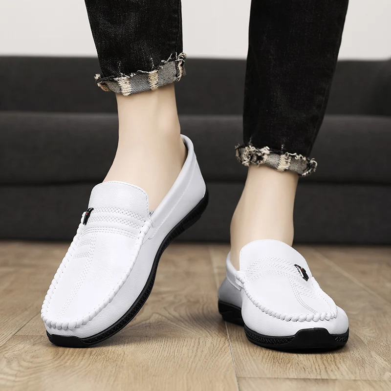 White Black Leather Men Casual Shoes Formal Dress Shoes Men Loafers Breathable Slip on Driving Shoes 251013