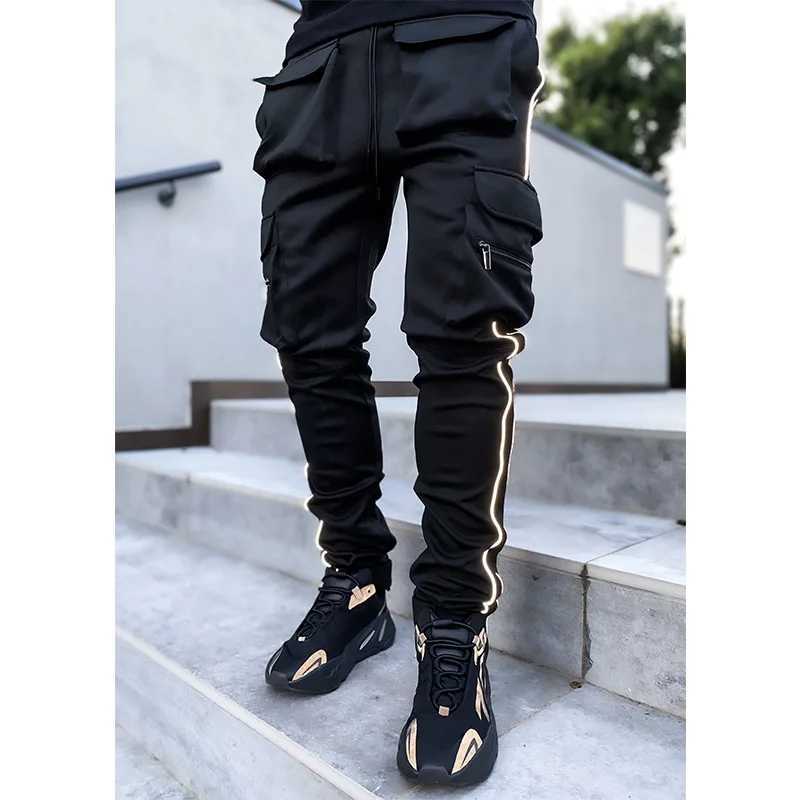 Spring And Autumn Cargo Pants Mens Fashion Brand Elastic Multibag Reflective Straight Leg Sports Fitness Casual Pants J251203