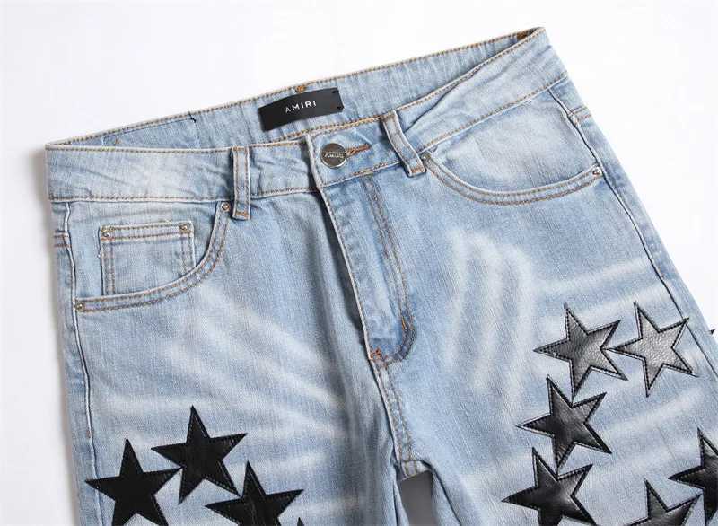 Mens high street new ripped stars patch jeans man fashion slim feet full of stars stretch jeans male trend w873 J251016