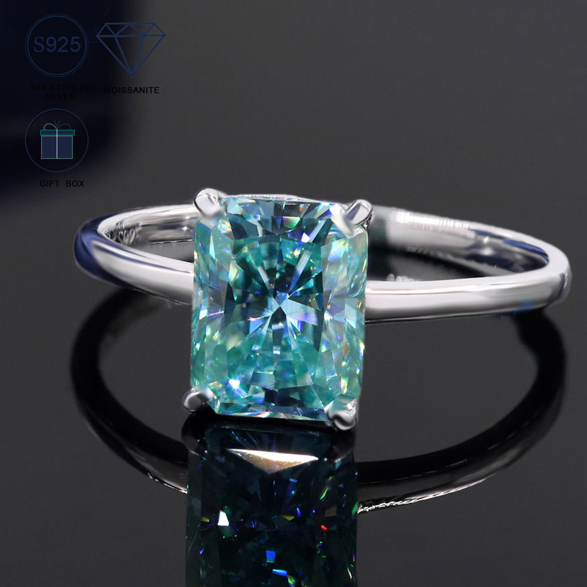 MT 3CT 7x9mm Millimeter Radiant Cut Blue Green and White Moissanite 925 Sterling Silver Ring White Gold Plated Engagement Playing Card Ring High Quali