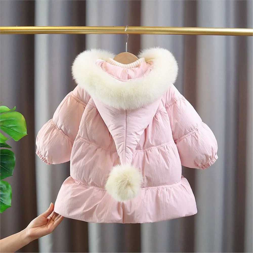 2025 Girls Baby Winter Long Coats Big Fake Fur Hooded Cotton Padded Thick Warm Overcoats Fashion Kids Children Princess ClothesT251016