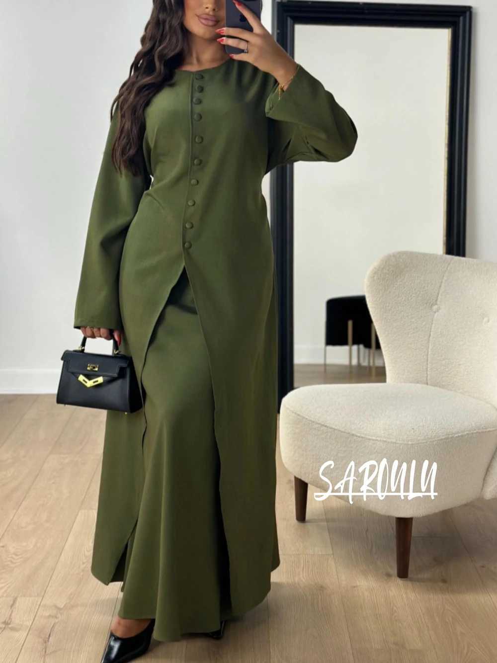 Muslim O Neck Kaftan Satin Evening Dress Simple 2pieces Robe Modest Abaya Women Caftan New Arrival Formal Party Buttons Gown X2510161