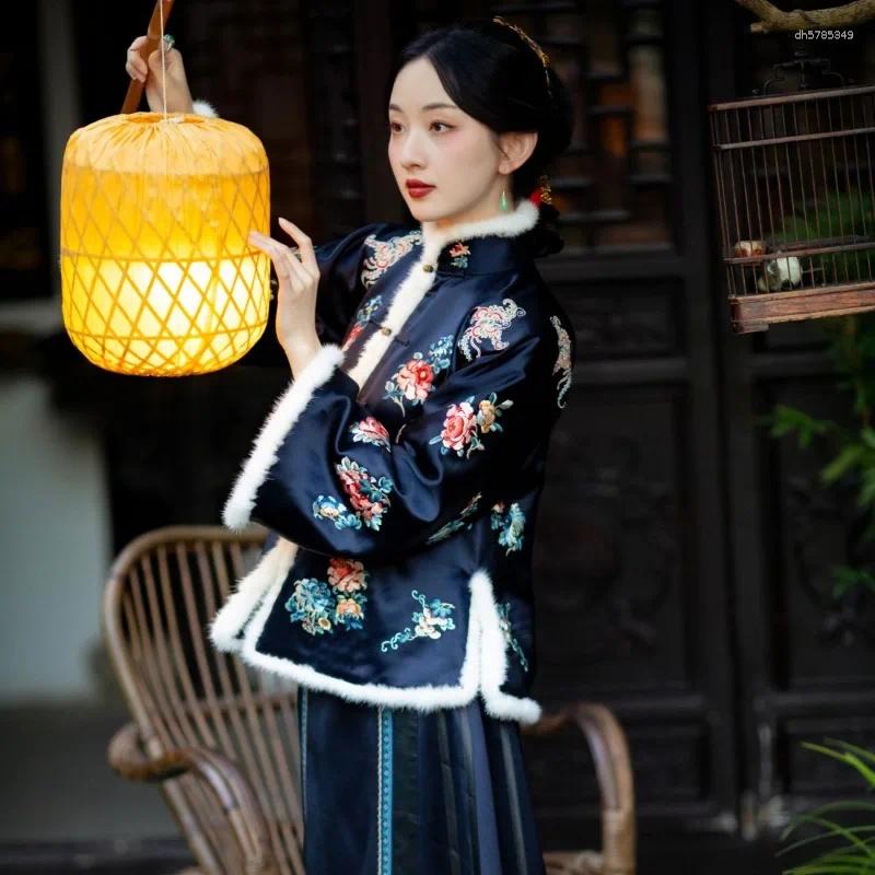 Ethnic Clothing Chinese Traditional Women Black Peony Print Stand-up Collar Large Sleeves Top Winter Warm Cotton Padded Jacket