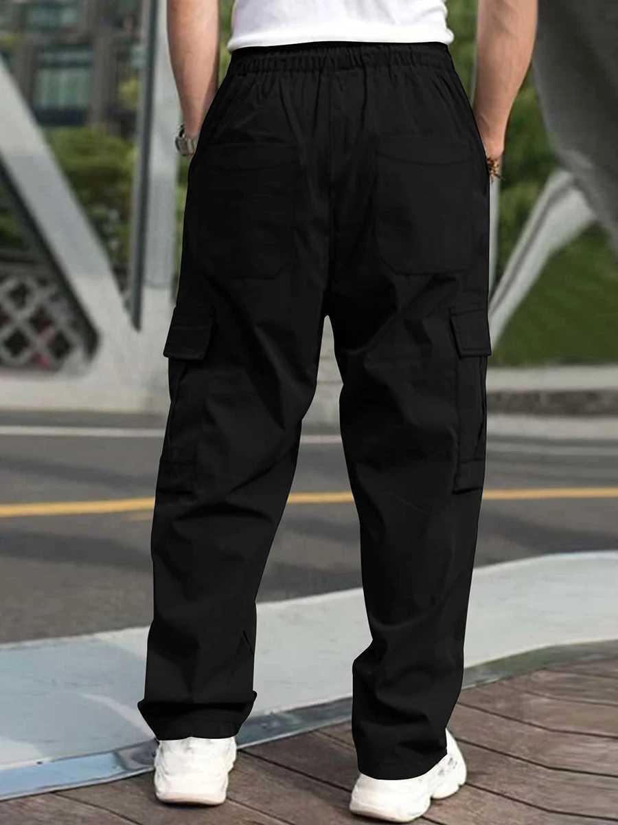 Men s Loose Cargo Long Pants Solid Color Drawstring Waist Straight Leg Trousers Casual Work Pants with Pockets J251203