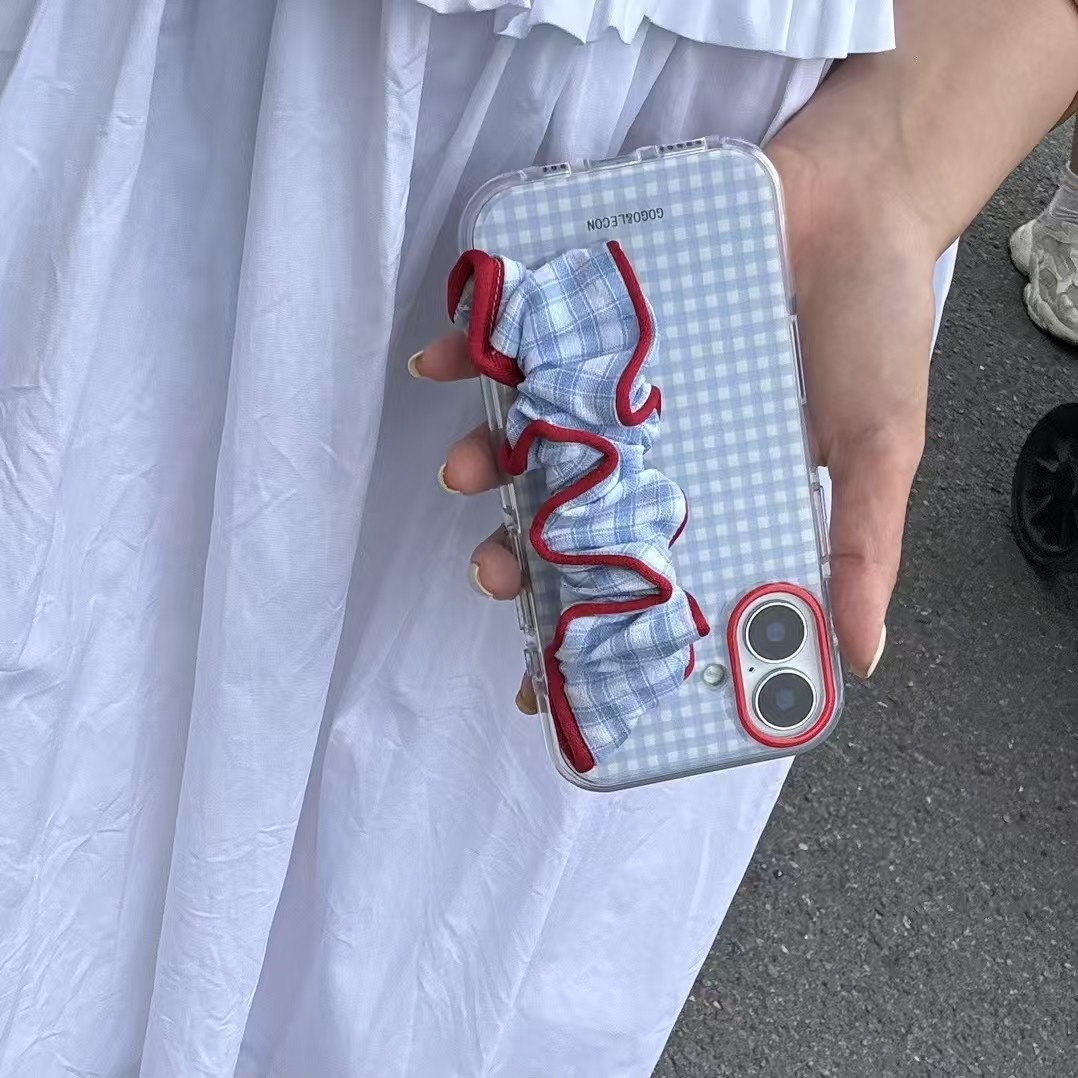 Version Red and Wristband Color-Block Blue Stripes Compatible with iPhone 17 Pro Case 15 Korean Style 14 Full Coverage Niche