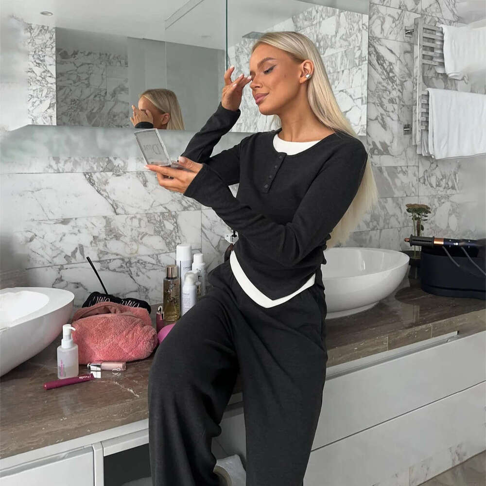 Lazy Style Patchwork Casual Two-Piece With Ruched Irregular Hem Top And Straight-Leg Pants New Women's Set B5