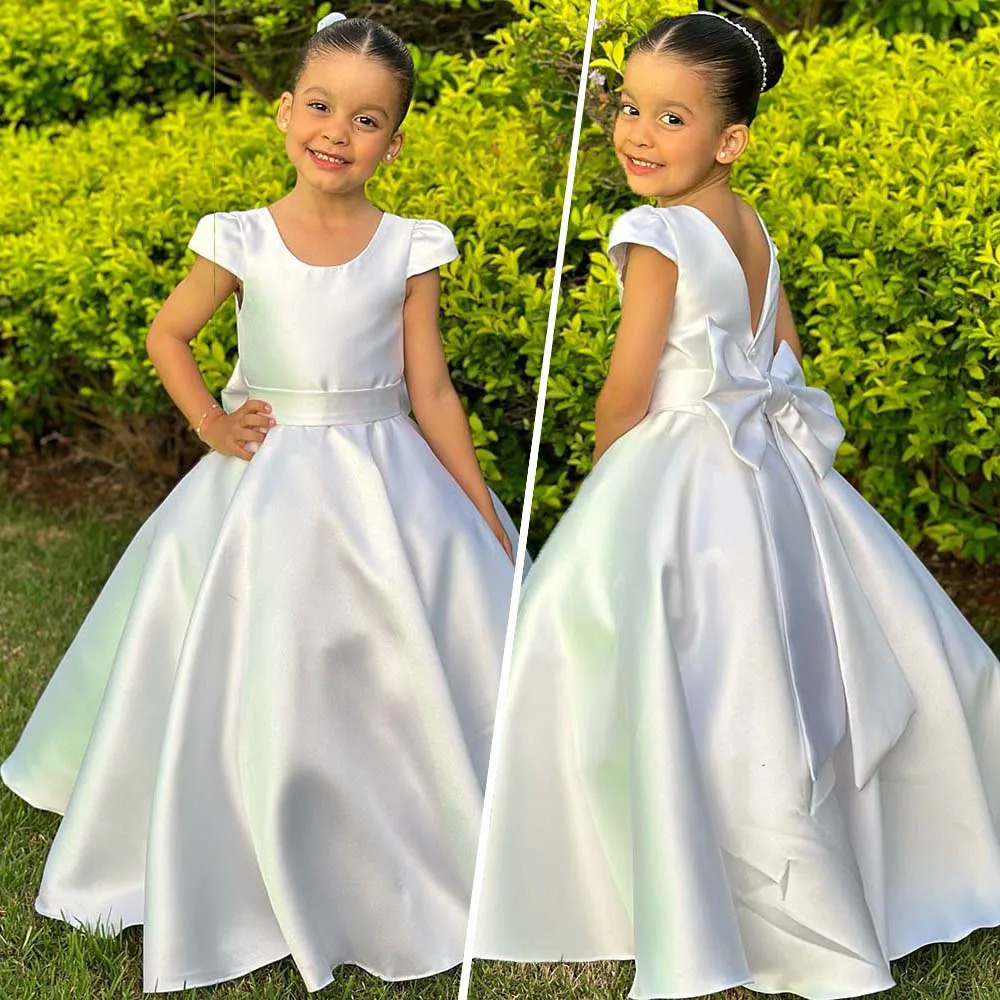 Chic Cap Sleeve First Communion Dress for Kids Satin Bow FloorLength Birthday Party Gown Customized Kids Clothing Flower Girls 251014
