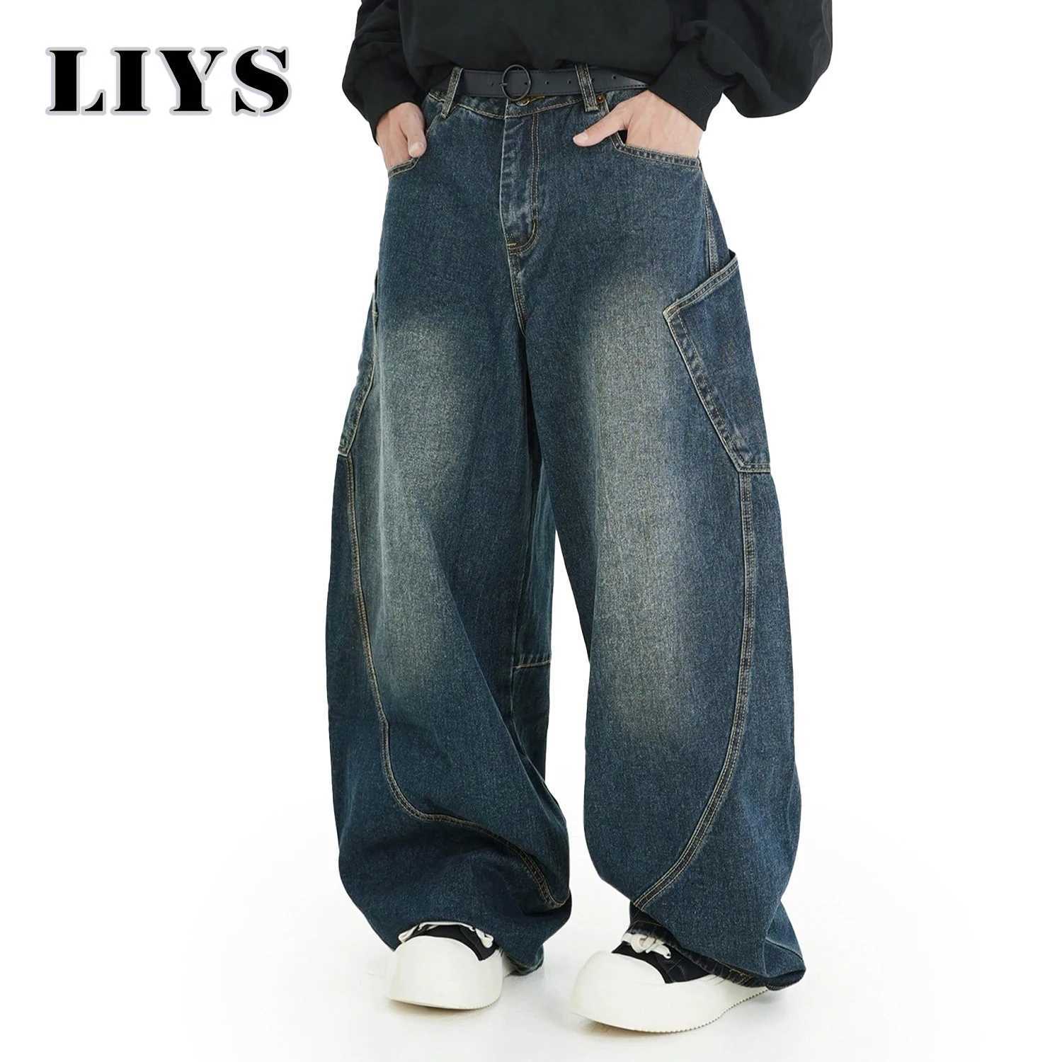 Mens Wear American Washed Denim Pants Vintage Threedimensional Large Pockets Cut Curved Knife Jeans Loose Fit Summer New Trend J251016