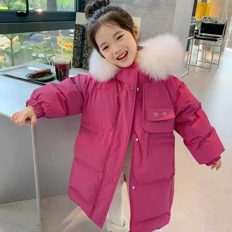 Children Cottonpadded Clothes Medium Long Outerwear 2025 Winter Kid Girls Warm Windproof Big Fur Collar Hooded Parka CoatT251016