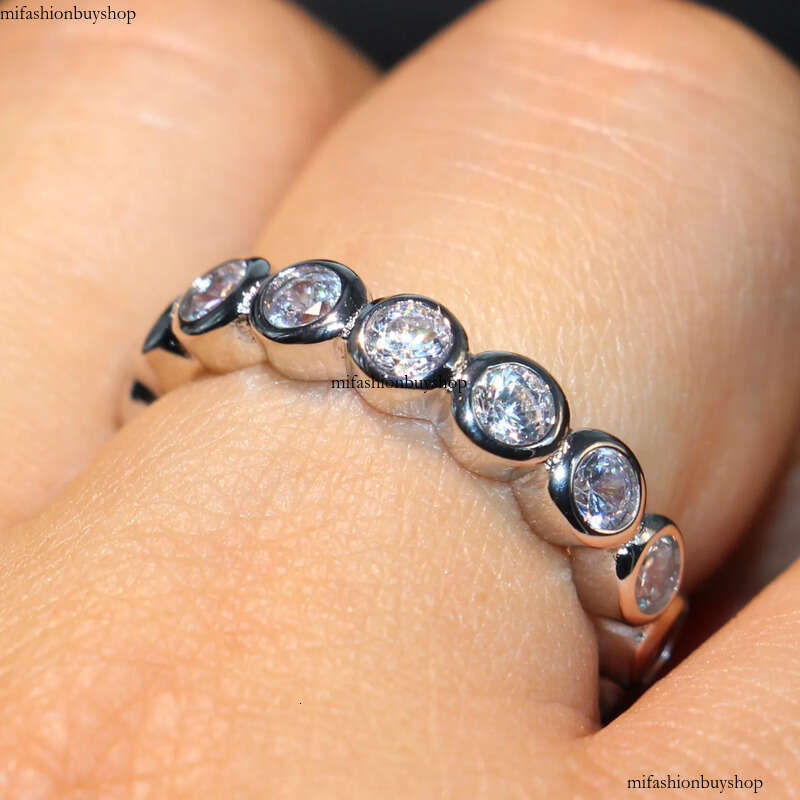 Cute Fashion Jewelry Sterling Sier Brand Desgin White Topaz CZ Dia Gemstones Party Women Wedding Circle Band Ring SetGift