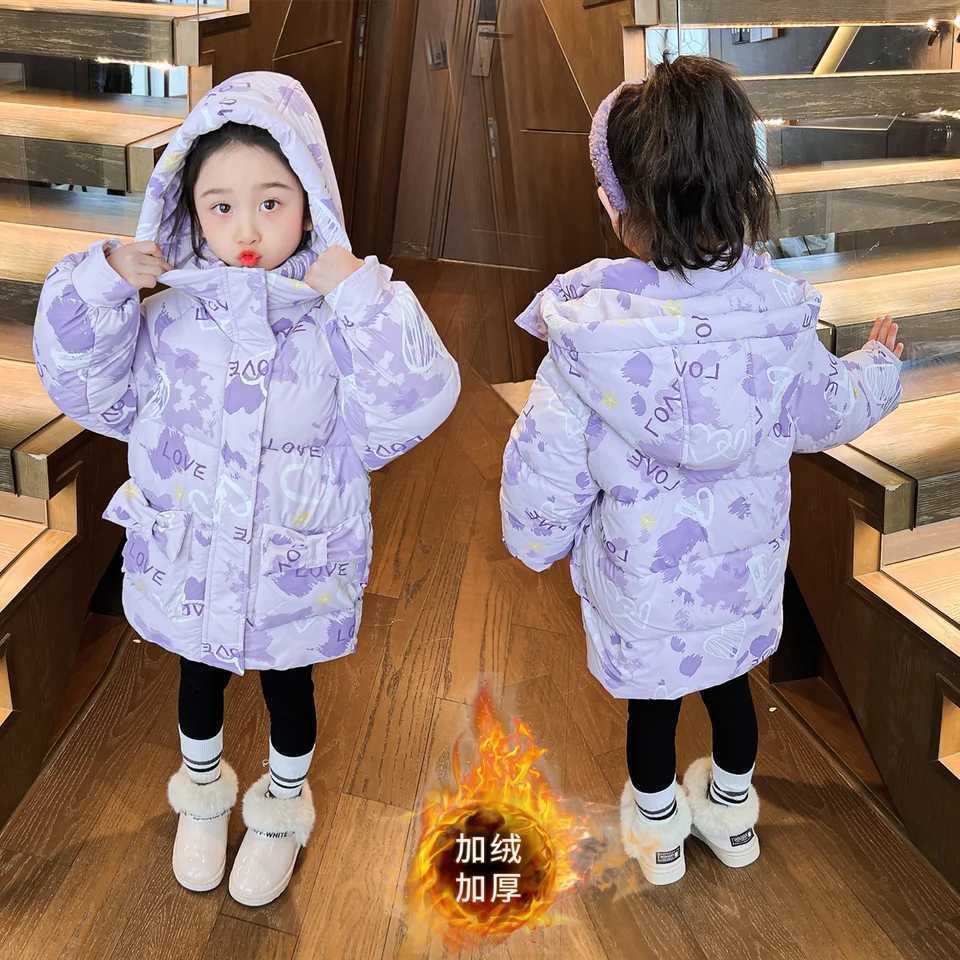 Girls Warm Down Cotton Jacket 2025 Winter Children Letter Heart Printed Hooded Coat Teen Windproof Skiing Suit Parka OuterwearT251016