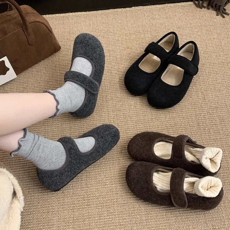 HookLoop Women Wool Mary Janes Lambs Fur Shoes Ladies Round Toe Furry Ballets Flats Female Lana Loafers Winter Cotton Mocasines 251013