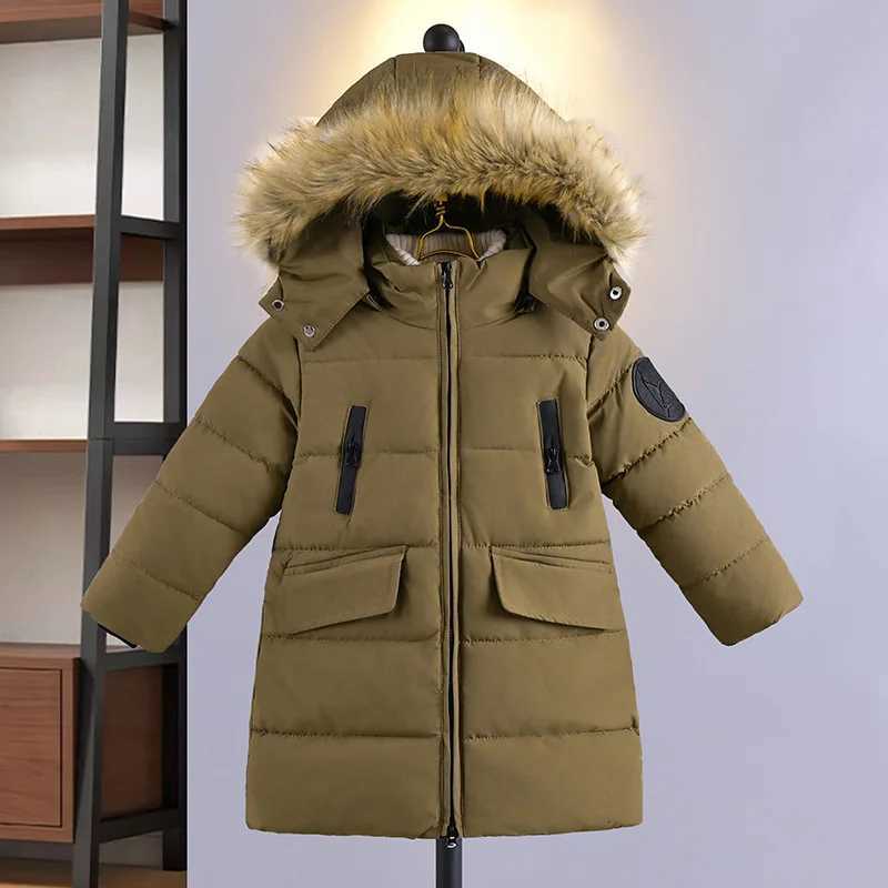 New Big Boy Winter Jacket 30 Warm Thicken Fur Collar Hooded Parka Long Solid Color Lining Plush Cotton Outwear for 510Y KidsT251016