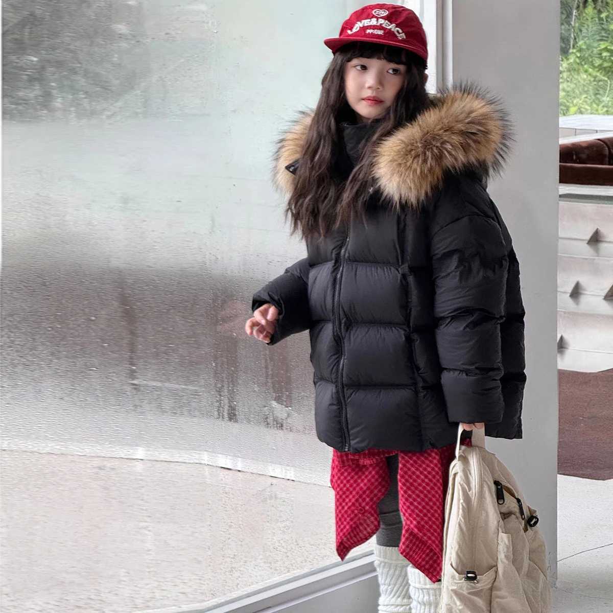 Childrens Down Jacket Hooded Natural Fur Collar 2025 New Winter Girls Coat Warm White Duck Down Boys Loose Fit Jacket RM207T251016