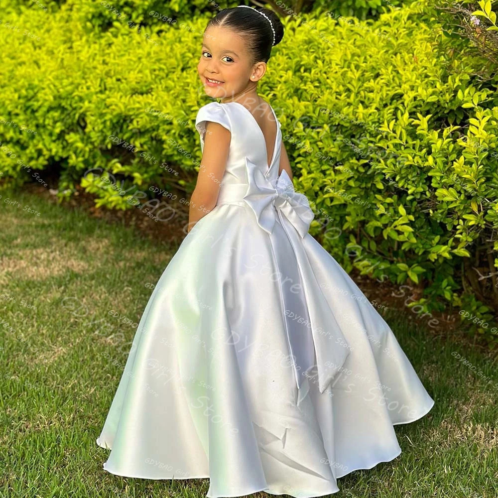 Chic Cap Sleeve First Communion Dress for Kids Satin Bow FloorLength Birthday Party Gown Customized Kids Clothing Flower Girls 251014