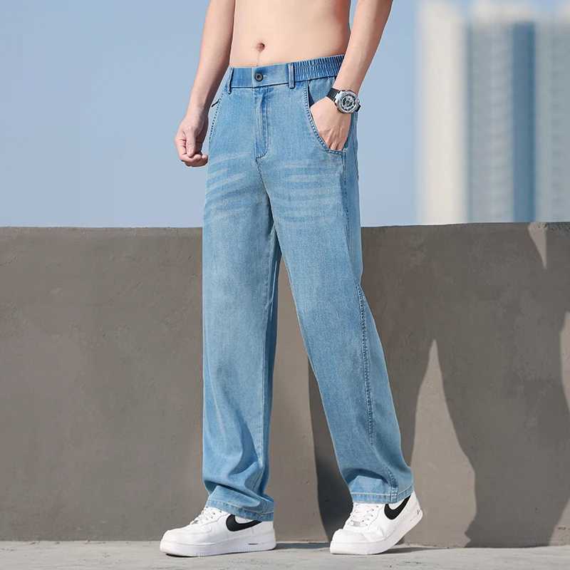 Mens Lyocell Loose Straight Wide Leg Denim Jeans 2025 Summer Autumn Thin Breathable Stretch Waist Casual Pants Plus Size 38 J251016