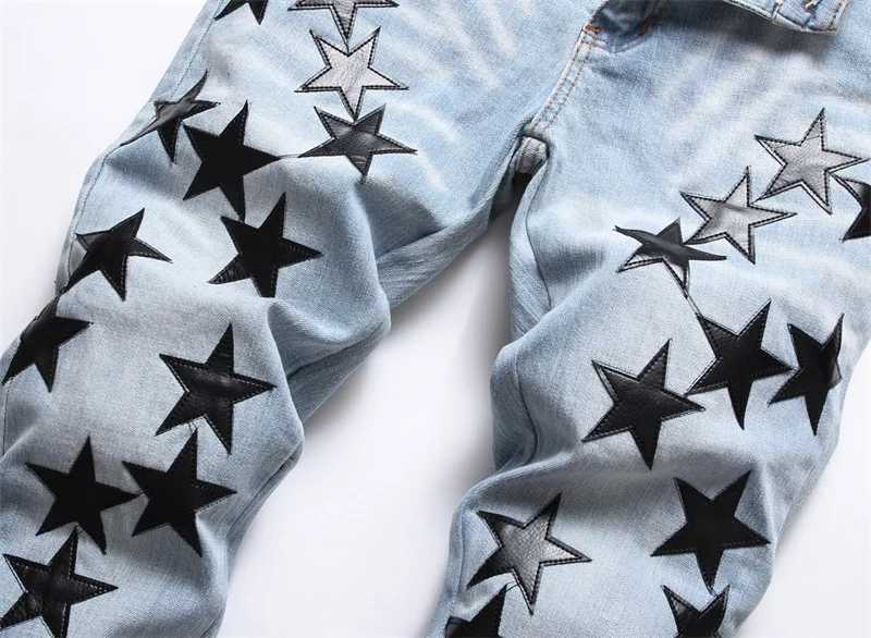 Mens high street new ripped stars patch jeans man fashion slim feet full of stars stretch jeans male trend w873 J251016