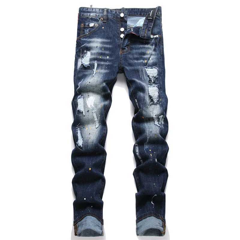 New Fashion Streetwear Men Blue Ripped Denim Jeans Good Quality Male High Street Strench Fit Long Jeans Pants Trousers Size 38 J251016