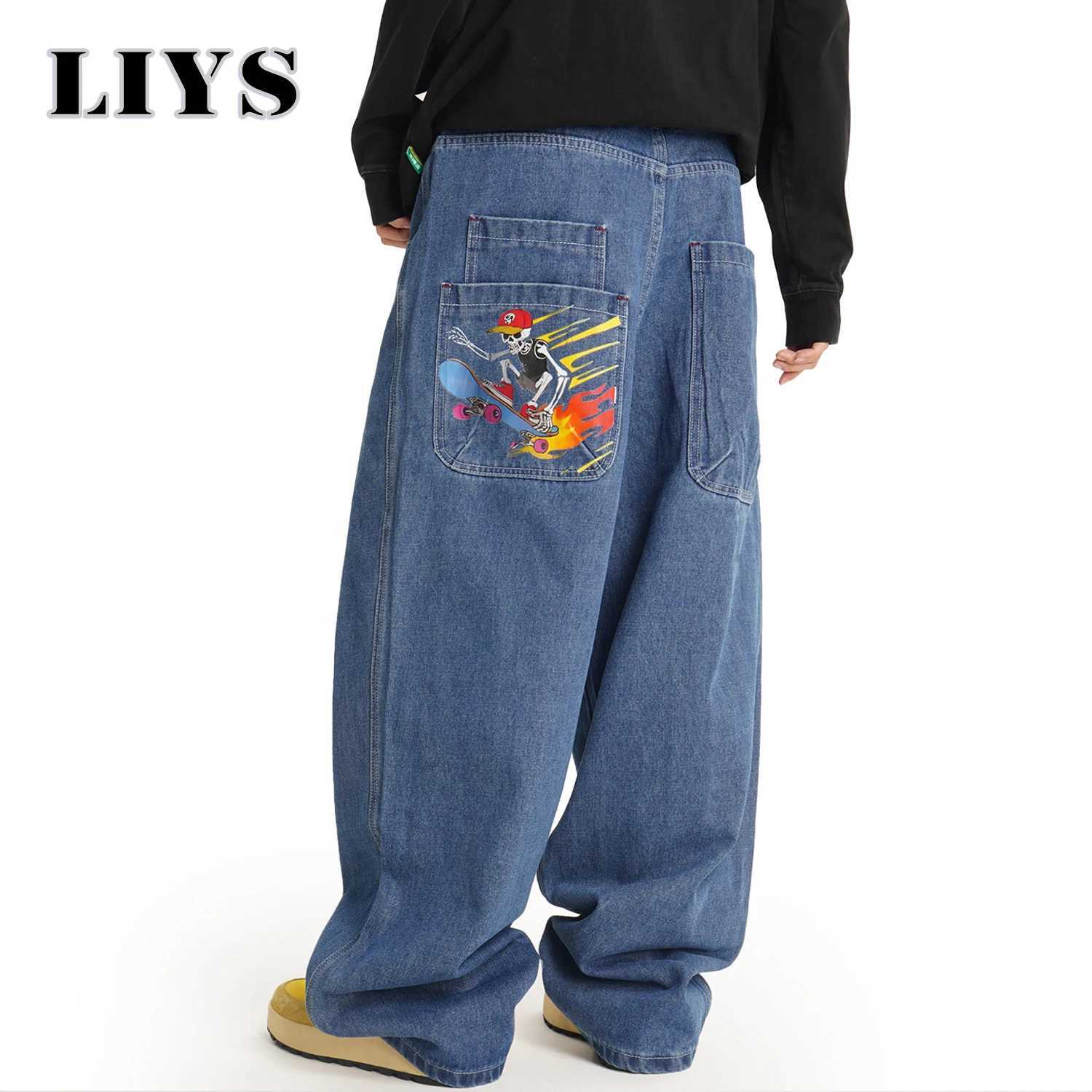 American Retro Mens Loose Wide Leg Skateboard Jeans Korean Version Street Personality Skateboard Skull Print Baggy Denim Pants J251016
