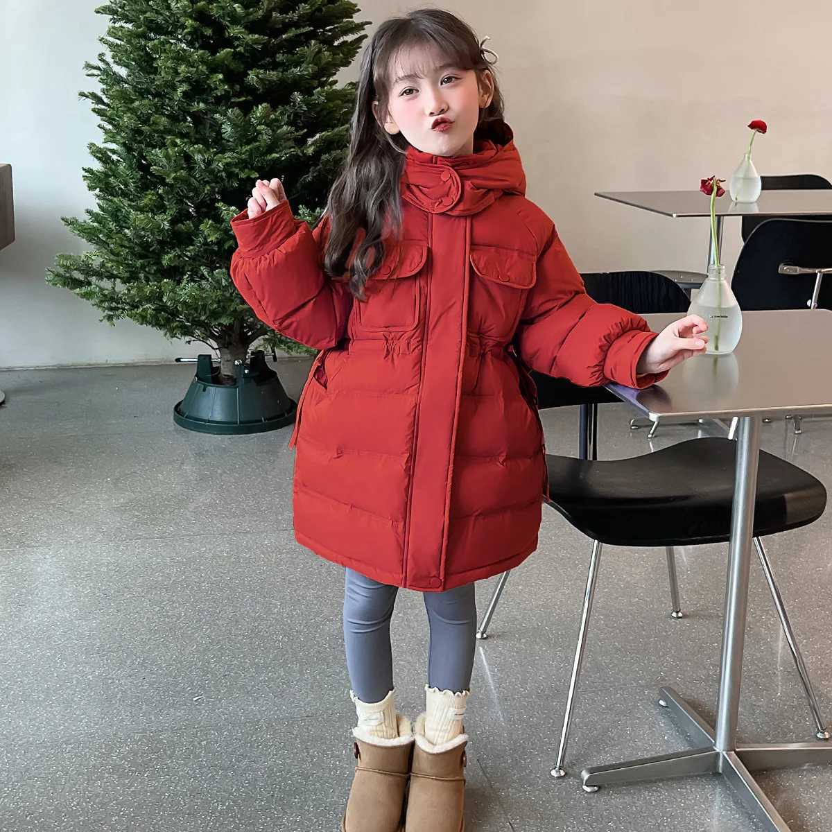 Winter Warm Girls Cotton Long Plain Hooded Zip Drawstring Puff Jackets School Kids Thick Coats Child Outfits Windbreaker 516 YrT251016