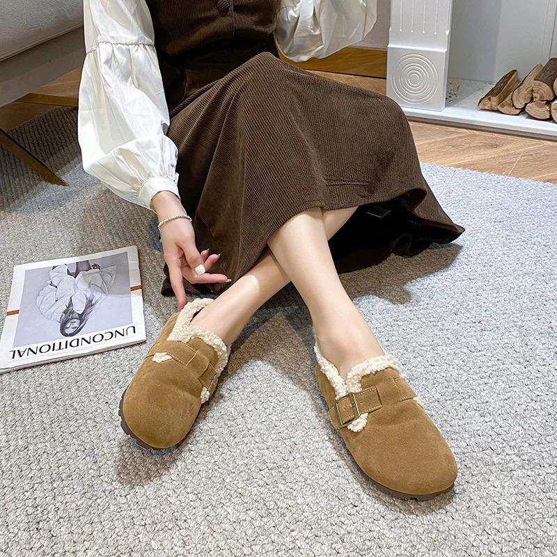 Curly Lambswool Flats Women Cotton Fur Shoes Winter Warm Slip On Loafers Female Belt Buckle Woolen Mocasines Mujer Furry Boots 251013