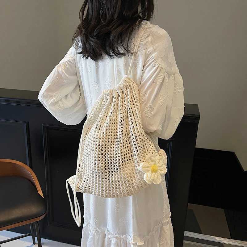 Solid Color Knitting Shoulder Bag Large Capacity Bohemian Crochet Backpack Hollow Out Versatile Beach Travel Tote Bag For WomenT251016