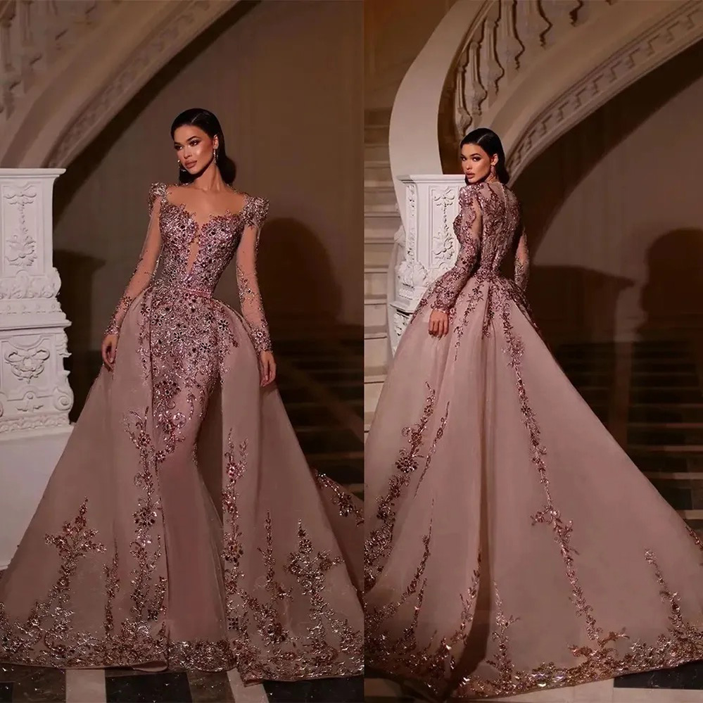 Prom Dress Mermaid Formal Gown Full Sleeve Evening Dresses With Detachable Train Custom Made Sparkly Sequined