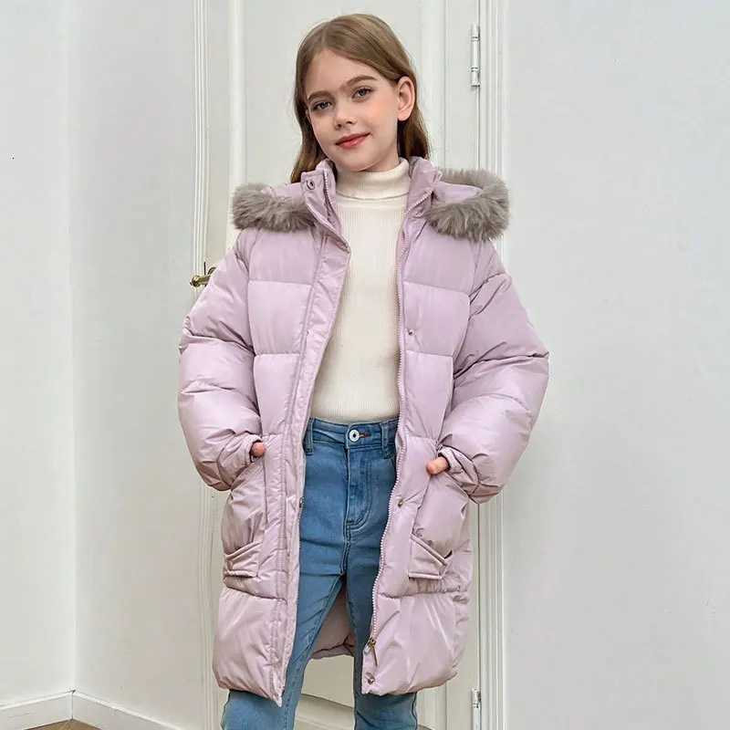 2025 Winter Girls Big Fur Collar Down Cotton Jacket Teen Kid MidLength Thick Warm Windproof Hooded Parka Coat Children SnowwearT251016