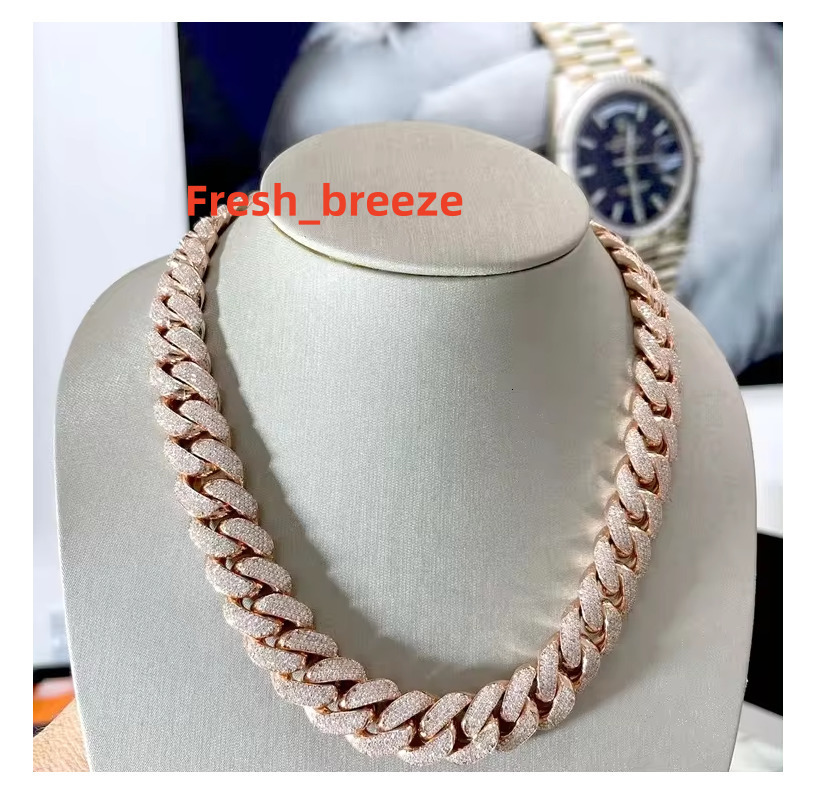 AAA Gems Silver Necklace 18mm 20mm Silver 10k14k18K Gold Plating Moissanite 4 Rows Prong Iced Out VVS Miami Cuban Link Chain