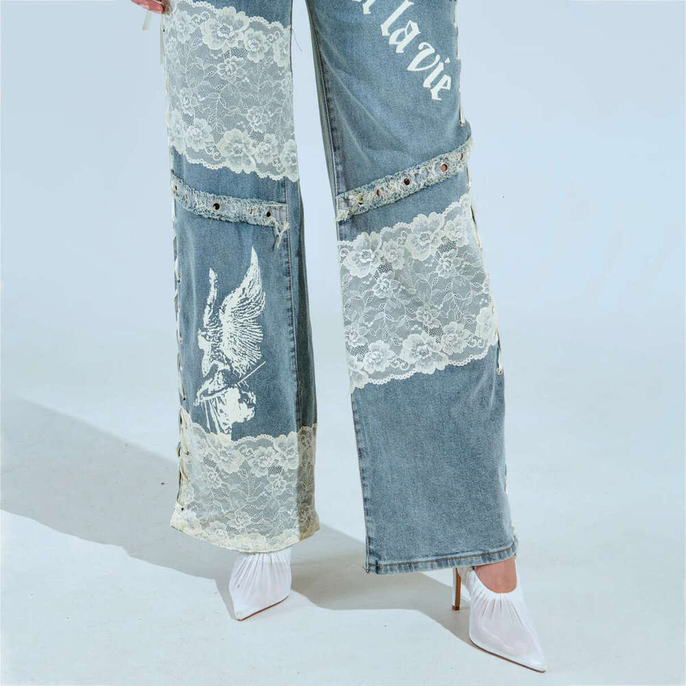 American High Street Hot Girl Low Waist Jeans Lace Stitching Design Sense Trendy Personality Straight Long Pants Women Spring B5