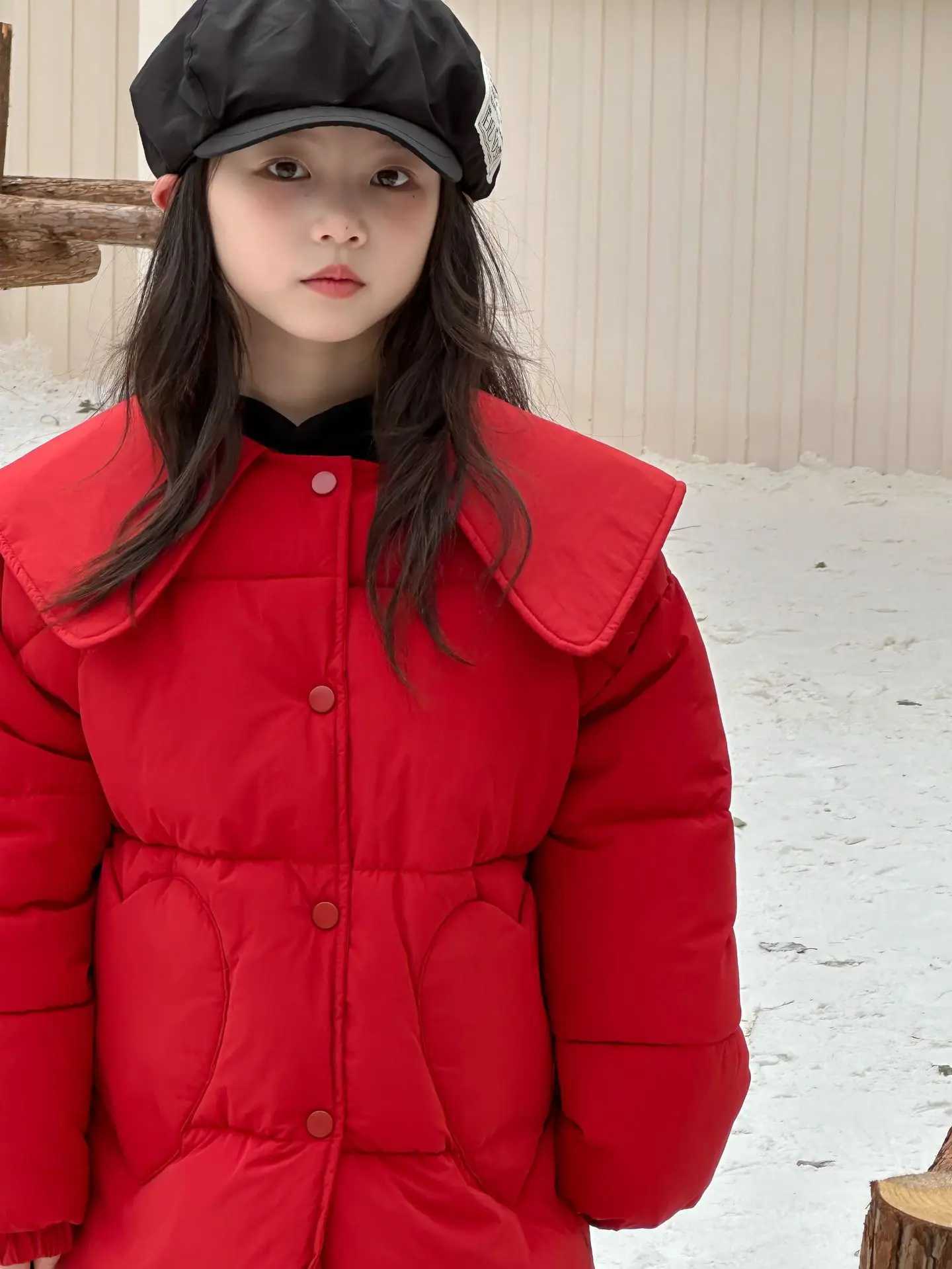 Girls Coat 2024 Winter New Childrens Clothing Girl Baby Foreign Red Love Pocket Cottonpadded Jacket Casual Simple and LovelyT251016