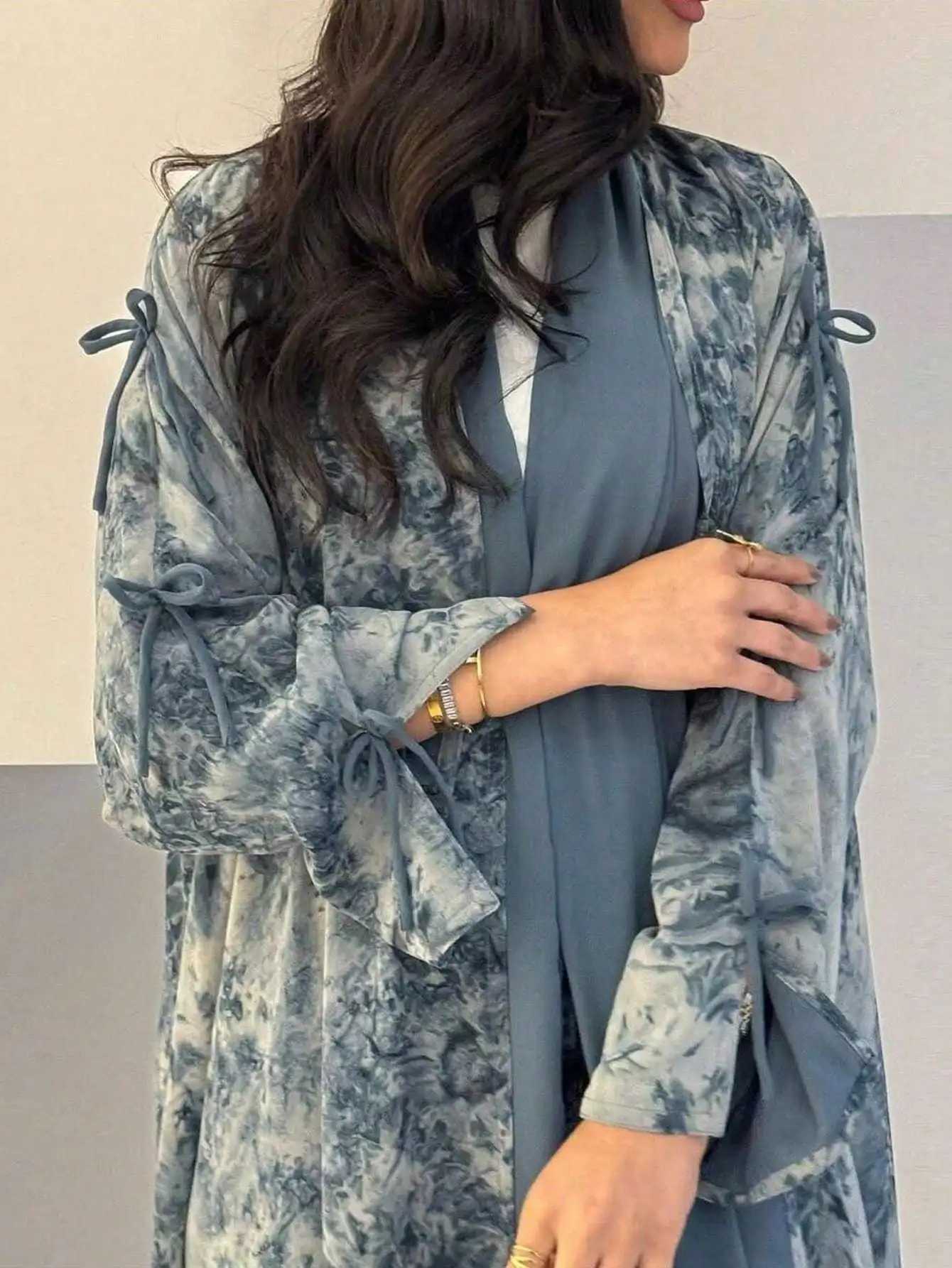 Middle Eastern Women Loose Tie Dye Abayas Casual Kaftan Arabian Maxi Dresses Full Sleeve Open Front Abaya Jilbabs Without Hajib X251016