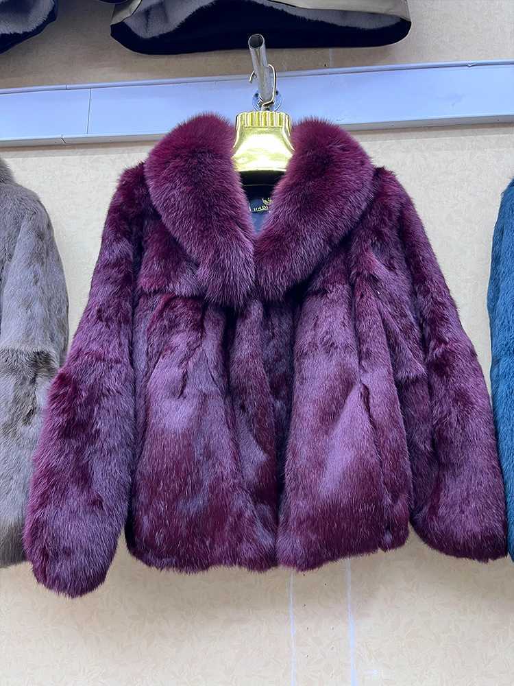 100 Genuine Whole Skin Real Rabbit Fur Coat With Luxury Natural Fox Fur Collar Jacket Full Pelt Rabbit Fur Overcoat W251016