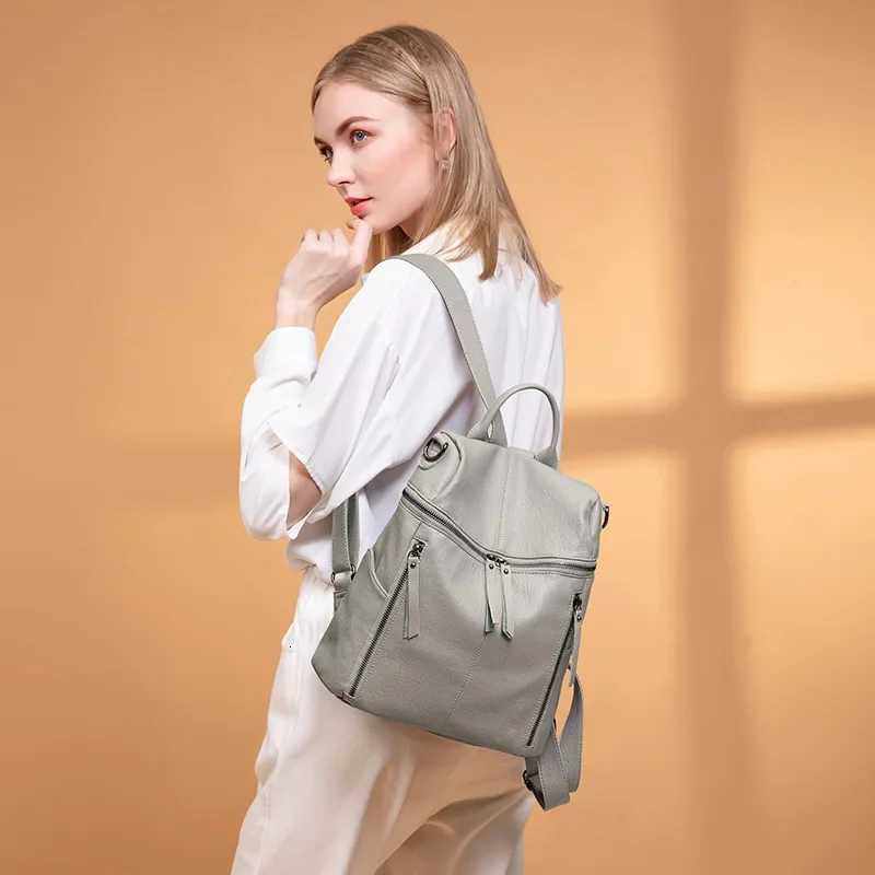 Lightweight Soft Leather Dual Shoulder Bag Ladies Casual Travel Backpack Large Capacity Waterproof Bookbag Fashionable Korean StT251016