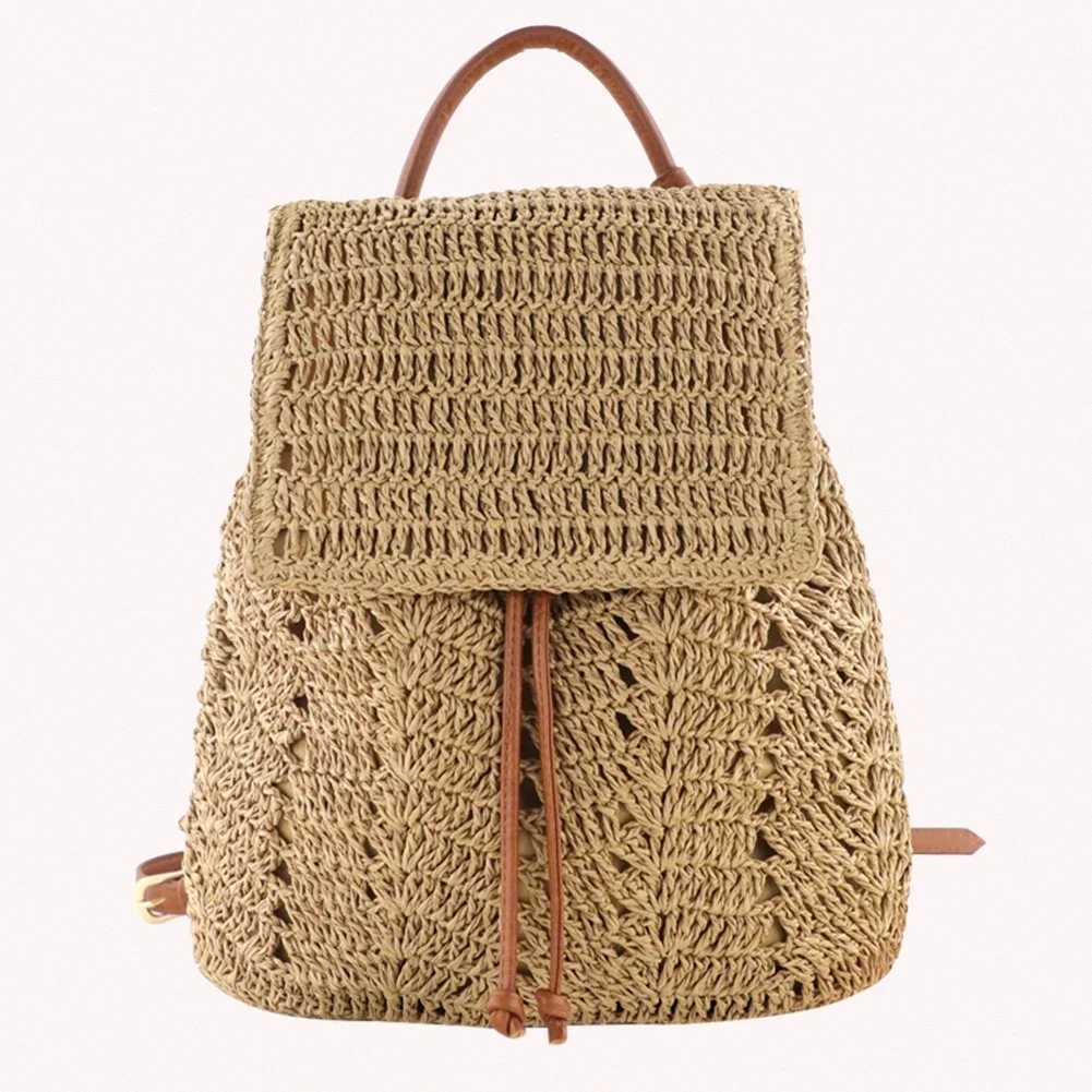 Women Straw Backpack Handmade Woven Casual Beach Holiday Shoulders Bucket BagT251016