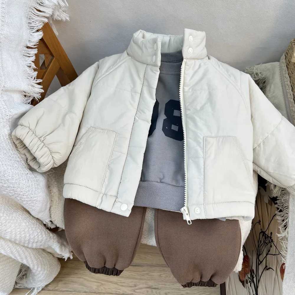 Kids Winter Fleecelined Coats 2025 New Boys Girls Korean Fashion Casual Daily Solid Color Stand Collar Thicken Padded ParkasT251016