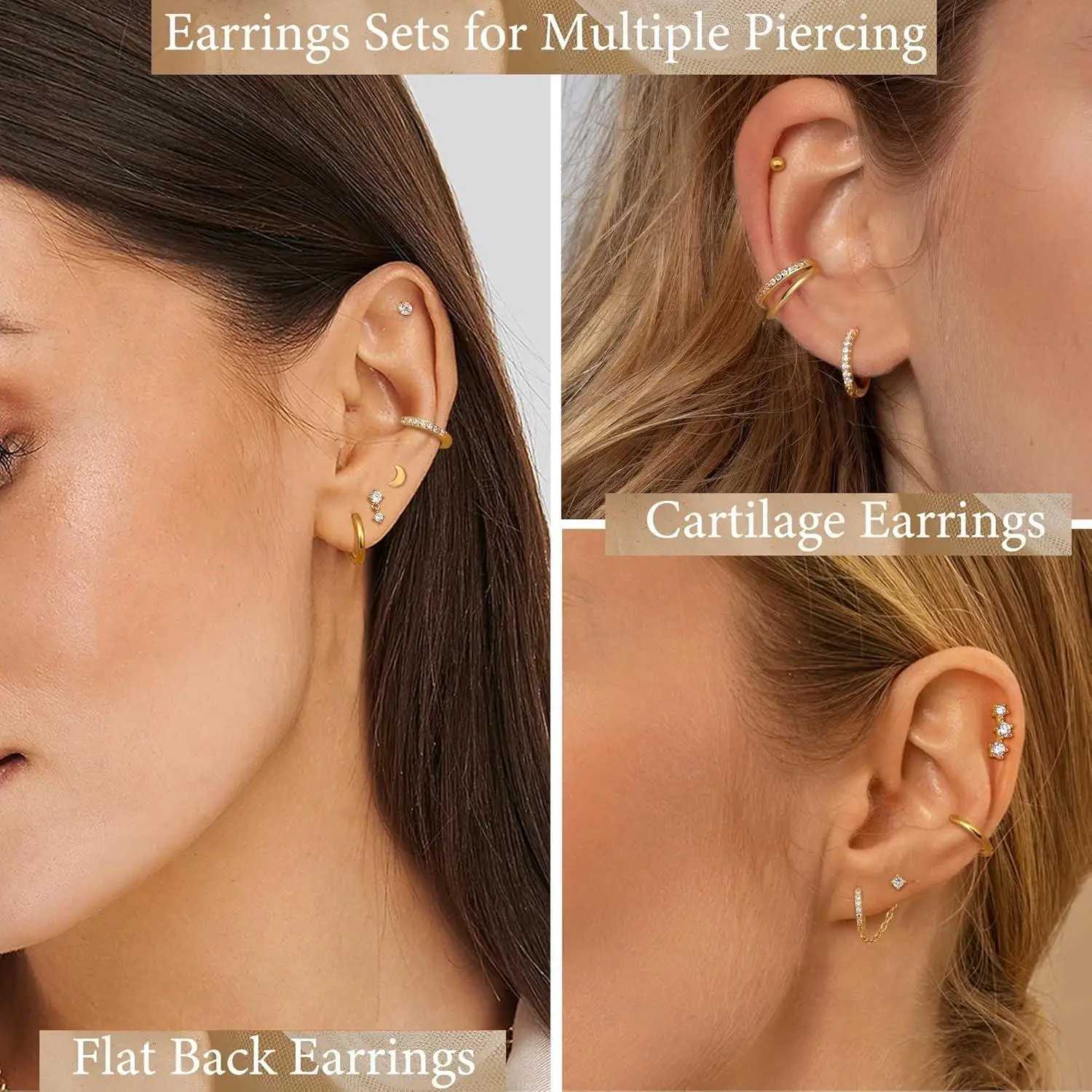designer earrings moissanite earrings 9-14 Pairs Hypoallergenic 20G Surgical Steel Flat Back Stud for Women Stacks Hoop Cartilage Earrings Set Piercin