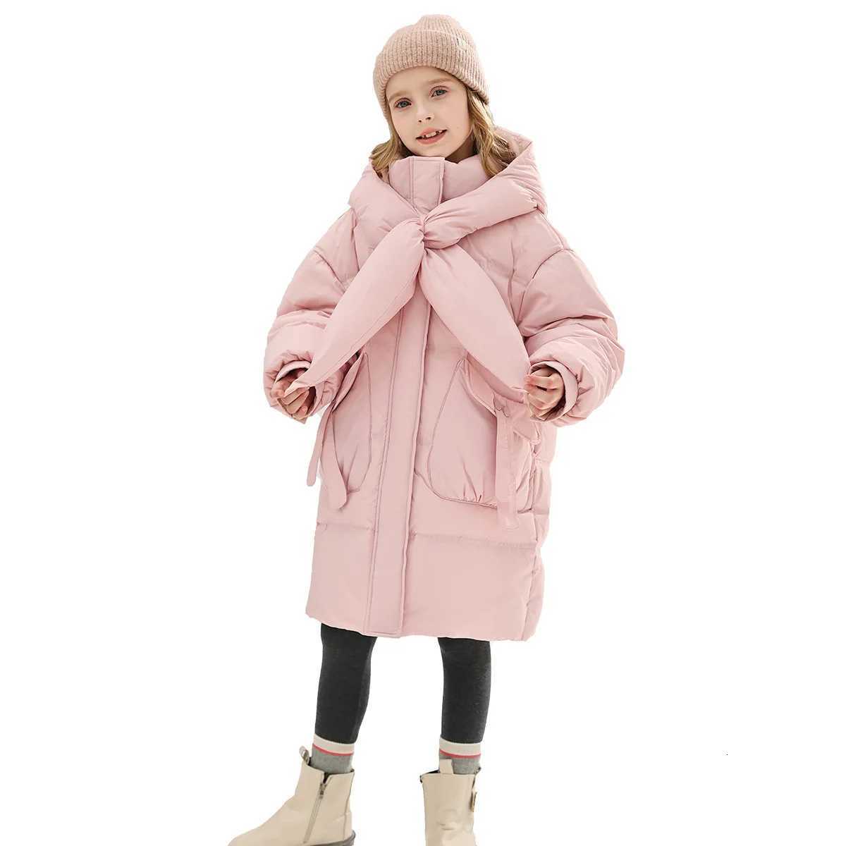 Teenage Girls Winter New Pink Scarf Hooded with Thick Fleece Windproof and Warm Fashion Long Cotton Jacket for 412 YearsT251016