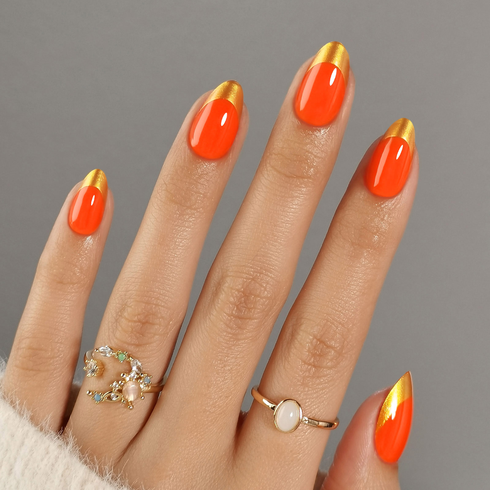 Reusable Gold French Tip Press-On Nails Soft Gel, Almond Shape, Fits All Fingers | Set of 32