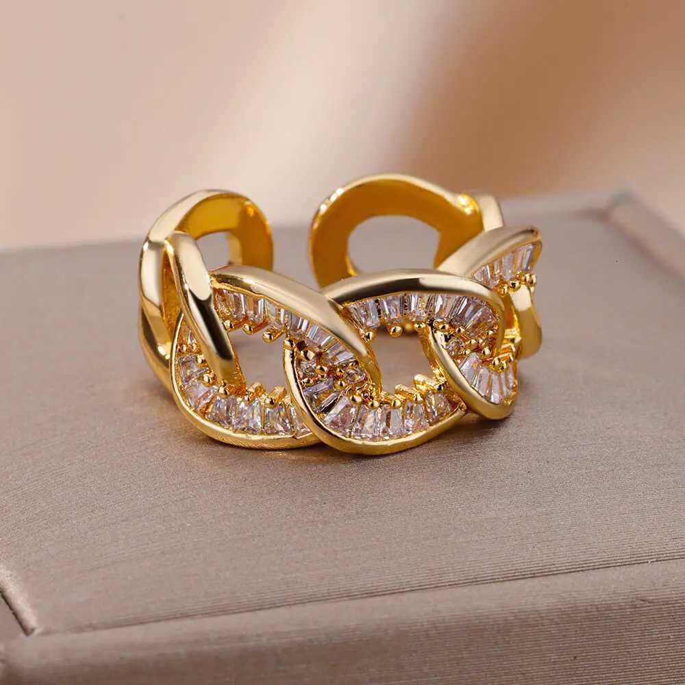 Stainless Steel Chain Rings For Women Gold Color Zircon Adjustable Finger Ring 2023 Trend Wedding Jewelry inoxidable anillosW251017