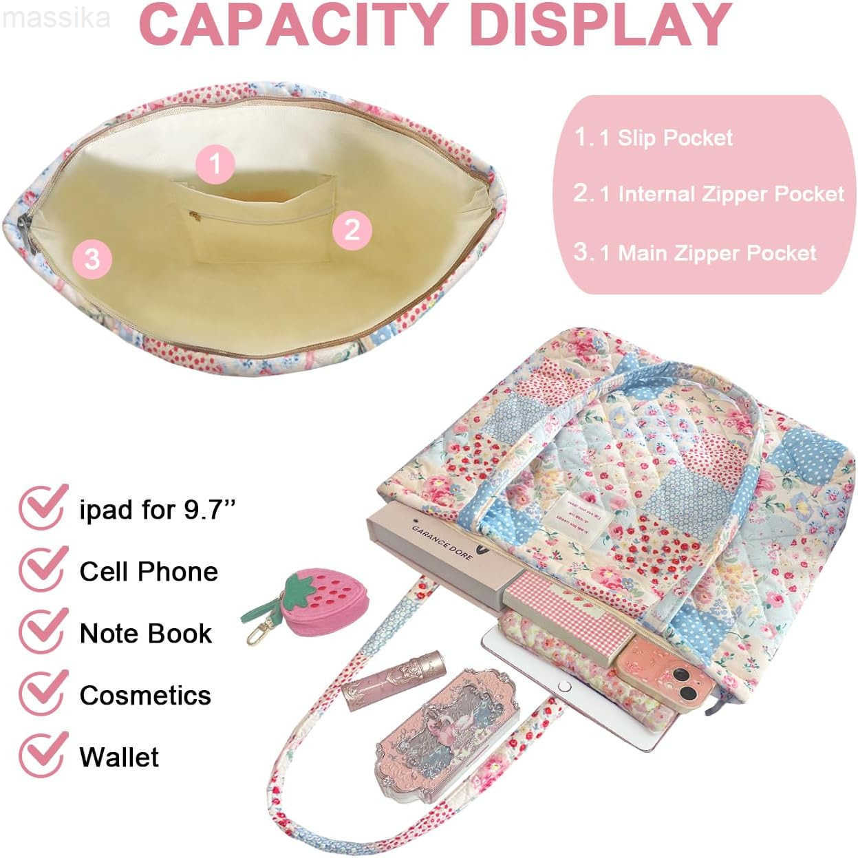 Small Floral Quilted Tote Bag with Zipper Closure for Women Girls M251017