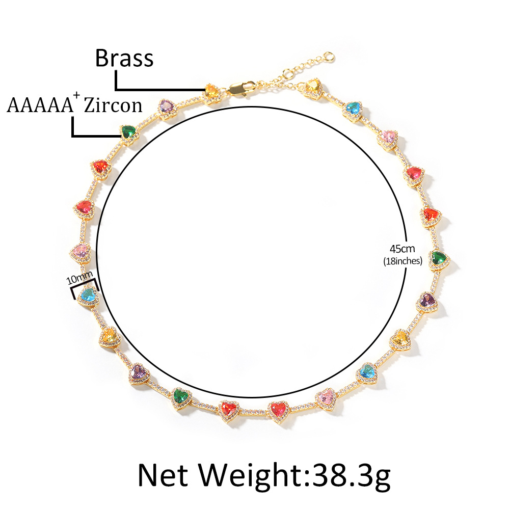 Colored 5A Zircon Love Heart Tennis Chain Necklace Bracelets 18K Gold Plated Jewelry