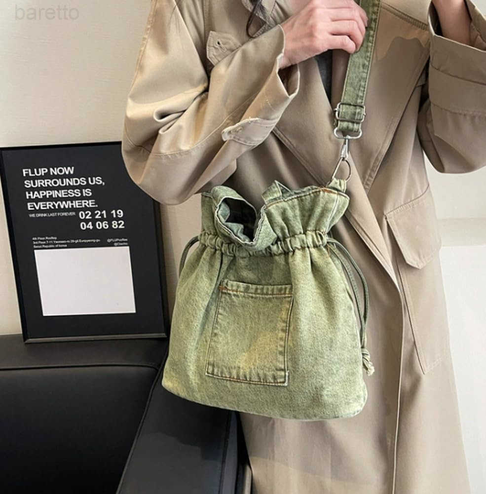 Denim Canvas Tote Bag Women Drawstring Bucket Crossbody Shoulder Purse Lightweight Handbag Trendy Commute Travel Bag Z251017