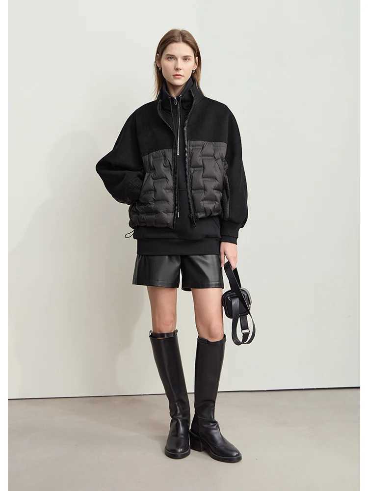 AMII Down Coats 100 Wool Stand Collar Loose Spliced Jackets for Woman 2024 Winter Warm New Casual Versatile Jacket 12454007 W251016