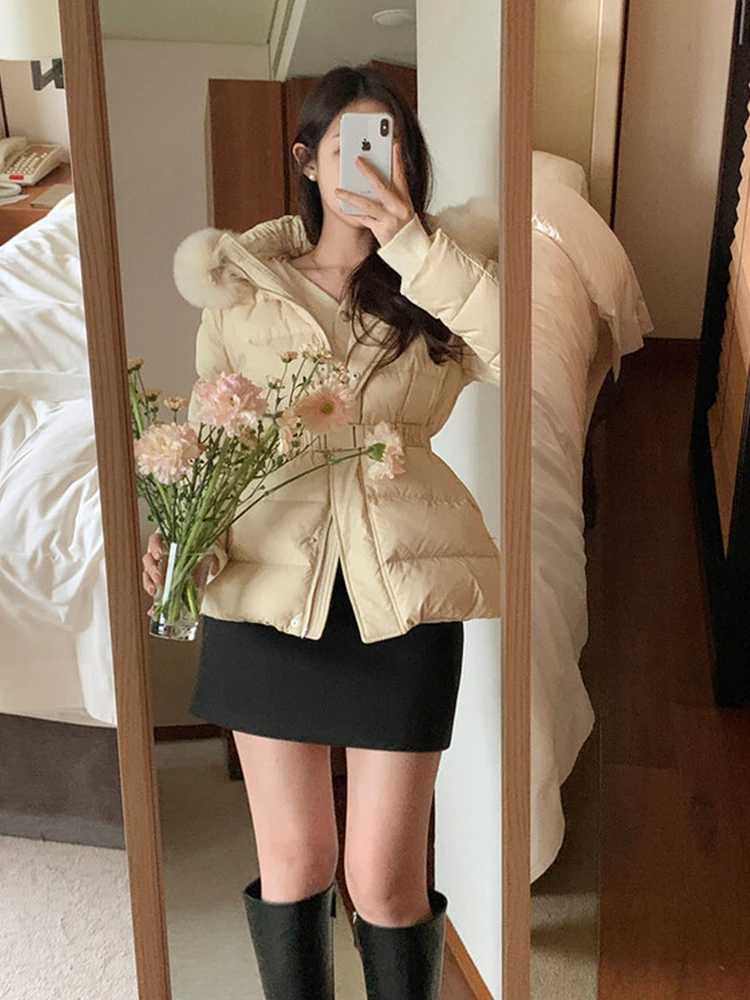 Winter Thiened ort Hooded Du down Jaet Womens Fur Collar Slimming MidLength Korean Sle Memory Fabric Coat W251016