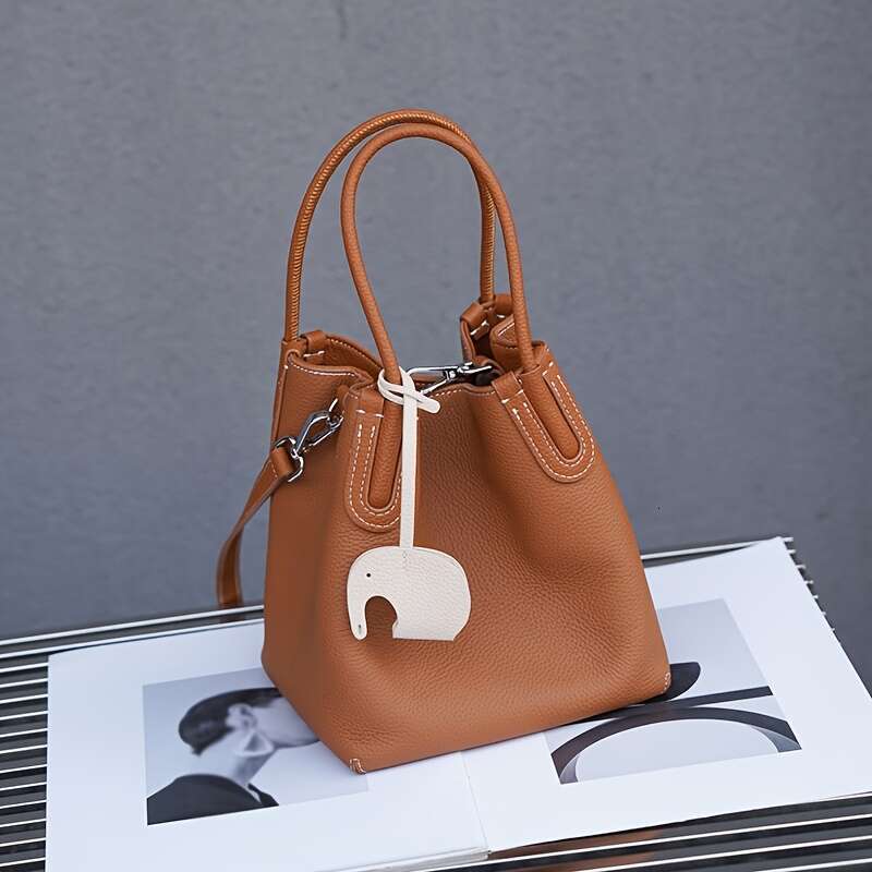 Women's Genuine Leather Top Layer Cowhide Bucket Convertible Handbag Crossbody Bag With Detachable Strap, Elegant Simple Design, Snap Closure, Su
