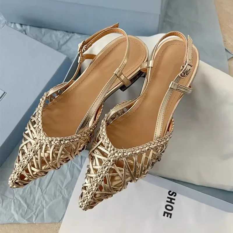 Elegant Green Openwork Woven Women Pumps Sexy Pointed Toe Square Heel Flat Sandals for Women Summer Fashion Comfort Beach Shoes Z251015