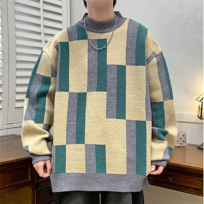 Autumn Winter Mens Mock Neck Knit Sweater Fashion Plaid Knitted Pullovers Men Youthful Vitality Casual Loose Warm Y2K Sweaters 251017